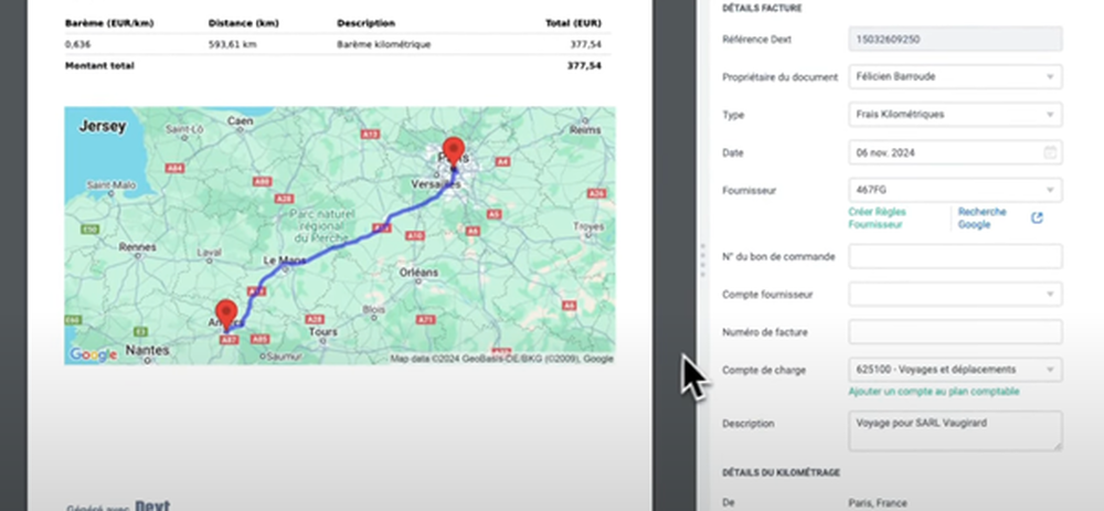 Exemple dur Dext du calcul des frais kilométriques